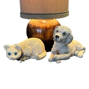 Vintage White ?Ceramic Cat with ?glass eyes & Dog Figurine Bundle 4”-5”